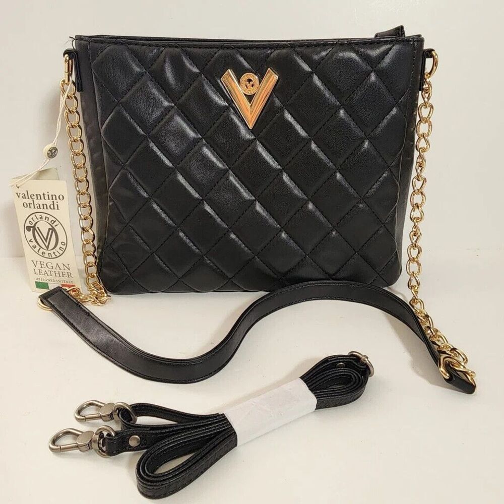 Valentino Orlandi Black Quilted Midsize Shoulder Bag with Thin Strap‎ NWT